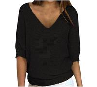 BFSWL Pullover pour femme élégant à manches 3/4 - Hauts stretch tricotés - Sweatshirt uni à col rond - Taille plus - Top décontracté pour femme - Pullover de vacances - Tunique - Mode italienne, Noir