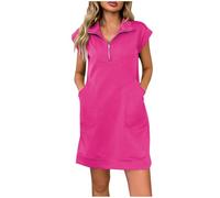 BFSWL Robe d'été courte pour femme - Polo à manches courtes - Couleur unie - Robe décontractée - Fermeture éclair - Mini robe tunique avec poches - Robe chemise de loisirs, P-ink, L