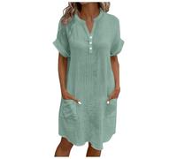 BFSWL Robe d'été pour femme - Longueur genou - En coton - Col en V - Manches courtes - Décontractée - Couleur unie - Avec poches, Vert menthe., XXL