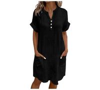 BFSWL Robe d'été pour femme - Longueur genou - En coton - Col en V - Manches courtes - Décontractée - Couleur unie - Avec poches, Noir , XXL