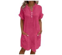 BFSWL Robe d'été pour femme - Longueur genou - En coton - Col en V - Manches courtes - Décontractée - Couleur unie - Avec poches, P-ink, M Große Größen Kurz