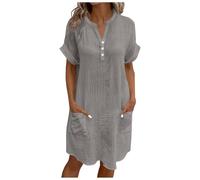 BFSWL Robe d'été pour femme - Longueur genou - En coton - Col en V - Manches courtes - Décontractée - Couleur unie - Avec poches, gris, XXL