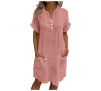 BFSWL Robe d'été pour femme - Longueur genou - En coton - Col en V - Manches courtes - Décontractée - Couleur unie - Avec poches, Rose, XXL