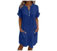 BFSWL Robe d'été pour femme - Longueur genou - En coton - Col en V - Manches courtes - Décontractée - Couleur unie - Avec poches, bleu, L Große Größen Kurz