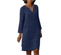 BFSWL Robe en lin pour femme - Manches longues - Couleur unie - Col en V - Longueur genou - Robe en coton et lin - Robe tunique - Robe d'été légère et respirante, Marine, XXL