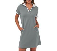 BFSWL Robe polo à manches courtes pour femme - Longueur genou - Robe de sport - Robe d'été - Robe de golf - Couleur unie - Robe de tennis à revers - Mini robe de tennis courte avec poches - Robe pour