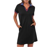 BFSWL Robe polo pour femme, manches courtes, robe de loisirs, longueur genou, robe de sport, robe d'été, robe de golf, couleur unie, robe de tennis, loisirs, revers, Noir , S
