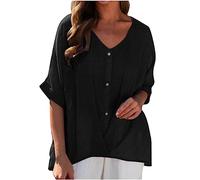 BFSWL Tunique en Coton et Lin pour Femme Été Col en V Blouse avec Boutons Décontracté Demi Manches Haut Classique Couleur Unie Chemisier Simple Manches Courtes Chemise Ample et Respirant T-Shirt
