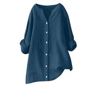 BFSWL Tunique Femme Coton et Lin Longue Blouse Léger Chemisier à Manches Longues Col en V Boutonnés Chemise Grande Taille Couleur Unie Tunique Ample et Respirant Blouse Hauts