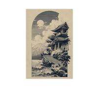 BFTIUTG Impression sur toile Temples côtiers et tigres au pied du mont Fuji Japon - Décoration pour chambre à coucher, bureau, chambre - 60 x 90 cm