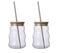 BFYDOAA Lot de 2 gobelets en verre avec couvercle en bambou et paille, 500 ml, pour jus, thé, vin, soda, café glacé