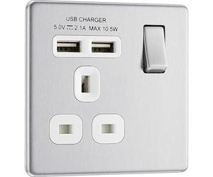 BG Electrical fbs21u2w Masterplug Prise simple 2,1 A avec 2 ports USB, acier brossé, insert blanc