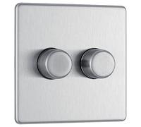 BG Electrical FBS82 Variateur d'intensité intelligent à double paroi, 2 voies, plaque frontale sans vis, plaque plate de qualité supérieure, acier brossé, 200 W
