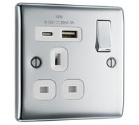 BG Electrical NPC21UAC18W Prise murale à interrupteur unique avec ports de charge USB de type A et de type C, charge rapide, bords arrondis, Nexus métal, chrome poli, inserts blancs, 13 A, NPC21UAC18W