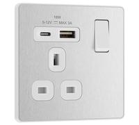 BG Electrical PCDBS21UAC18W Prise murale à interrupteur unique avec ports de charge USB de type A et USB de type C, charge rapide, plaque avant sans vis, Evolve, acier brossé, 13 A, 18 W