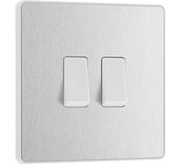 BG Electrical PCDBS42W Double interrupteur mural 2 voies Plaque avant sans vis Bords arrondis Acier brossé 20 A 16 AX