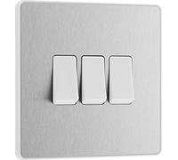 BG Electrical PCDBS43W Interrupteur mural triple 2 voies Plaque avant sans vis Bords arrondis Acier brossé 20 A 16 AX