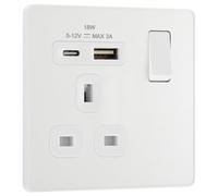 BG Electrical PCDCL21UAC18W Prise murale à interrupteur unique avec ports de charge USB de type A et USB de type C, charge rapide, plaque avant sans vis, Evolve, blanc nacré, 13 A, 18 W,