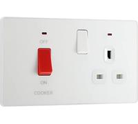 BG PCDCL70W Interrupteur de cuisinière électrique avec prise et LED, prise de contrôle, double pôle, plaque avant sans vis, Evolve, blanc nacré, 45 A, PCDCL70W