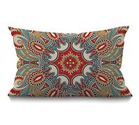 BGBDEIA Housse de coussin à fleurs Paisley traditionnelle en coton et lin, motif ethnique floral rouge, bleu turquoise et blanc, pour la taille et le bas du dos, décoration pour salon, taie d’oreiller
