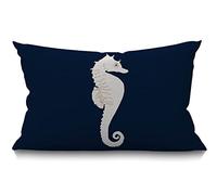 BGBDEIA Housse de coussin décorative blanche en forme de cheval de mer, 30 x 50 cm, pour chambre, salon, bleu marine, marine nautique, motif côtier, océan, rectangulaire, pour lit, canapé, causeuse