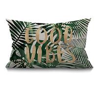 BGBDEIA Housse de coussin en forme de feuille de palmier,30x50 cm,Good Vibes Word,Motif feuilles tropicales de la jungle,Pour décoration de la maison,En coton et lin,Pour lit et canapé,Vert