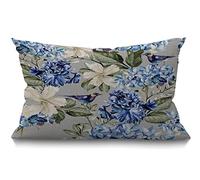 BGBDEIA Housse de coussin florale 30x50 cm,Fleurs de printemps,Hortensia,Hibiscus,Iris,Oiseau,Feuille,Décoration d'intérieur,Coton et lin,Pour lit et canapé,Bleu et vert,30x50 cm