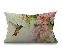 BGBDEIA Housse de coussin motif colibri et fleurs roses, peinture à l'huile artistique, coton et lin, taie d'oreiller rectangulaire décorative pour canapé et lit, canapé, 30 x 50 cm