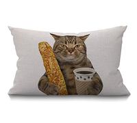 BGBDEIA Housse de coussin rectangulaire avec motif de chat amusant - Le chat tient une tasse de café noir et une baguette - 30 x 50 cm