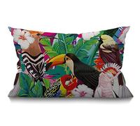 BGBDEIA Housse de coussin rectangulaire en lin doux de style rustique pour canapé, lit, sofa, chaise, 30 x 50 cm, motif oiseaux tropicaux, feuilles de toucan et fleurs d'hibiscus