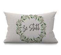 BGBDEIA Housse de coussin rustique Be Still Décoration de feuilles de guirlande verte et olive Ferme pour canapé en coton et lin 30 x 50 cm 7,9 x 19,7 pouces