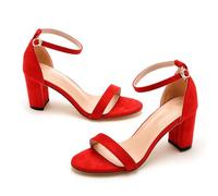 BGDTEFJDZ Sandales à Talons Blocs pour Femmes, Sandales à Une Bride en Daim, Chaussures d'été à Bout Ouvert pour Femmes,Rouge,37