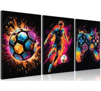 BGFCE Lot de 3 affiches décoratives murales, impressions sur toiles colorées, motifs manette de jeu, éclaboussures de peinture, football, pour chambre de garçon - Sans cadre, 30,5 x 40,6 cm