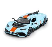 BGHSCA AMG ONE - Voiture miniature à l'échelle 1:32 - En métal - Avec mécanisme de retrait - Son et lumière - Bleu Gulf - Jouet pour enfants et adultes - Cadeau d'anniversaire