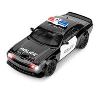 BGHSCA Compatible avec le modèle de voiture de police Dodge Challenger SRT Hellcat, 1:22 en alliage de zinc avec son et lumière, traction arrière, véhicule de police, jouet avec bandes de course pour