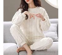 BGNHJ Pyjama Hiver Femme,Pyjama en Molleton Chaud pour Femme Ensemble De Pyjamas d'hiver en Flanelle Blanche Pull À Col Rond Haut À Manches Longues Bas Comfy Classic Thermal Homewear, S