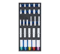 BGS technic BGS Insert de servante d’atelier 1/3 : Douilles, six pans, longue 11 - 22 mm profil E, E10 - E22 6,3 mm (1/4") / 10 mm (3/8") / 12,5 mm (1/2") 26 pièces Quantité:1