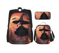 BGSHJVF Ensemble sac à dos de voyage avec chapeau de sorcière flamant flamant rose d'Halloween, élégant tissu Oxford 600D, sac à déjeuner isotherme et trousse de maquillage, noir, taille unique, Noir