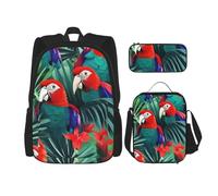BGSHJVF Ensemble sac à dos de voyage avec imprimé perroquet et fleur tropicale, élégant tissu Oxford 600D, sac à déjeuner isotherme et trousse de maquillage, noir, taille unique, noir, Noir., Taille