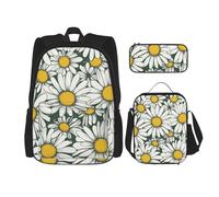 BGSHJVF Ensemble sac à dos de voyage imprimé marguerite blanche, tissu Oxford 600D élégant, sac à déjeuner isotherme et sac de maquillage, noir, taille unique, noir, One Size