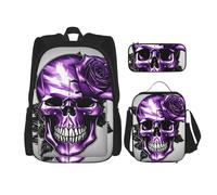 BGSHJVF Ensemble sac à dos de voyage imprimé rose violette et crâne - Élégant tissu Oxford 600D - Sac à déjeuner isotherme et trousse de maquillage - Noir - Taille unique, Noir., Taille unique