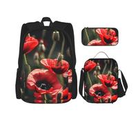 BGSHJVF Joli sac à dos de voyage avec imprimé coquelicot rouge, tissu Oxford 600D élégant, sac à déjeuner isotherme et trousse de maquillage, noir, taille unique, Noir , Taille unique