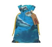 BGSHJVF Sac cadeau charmant avec cordon de serrage pour petits cadeaux, bijoux et cadeaux de fête Motif dauphins tortues de mer requin pieuvre récif corallien