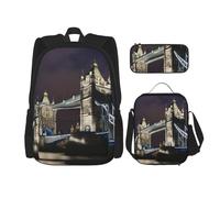 BGSHJVF Tower Bridge London Ensemble sac à dos de voyage, sac à déjeuner isotherme et trousse de maquillage, en tissu Oxford 600D, noir, taille unique, Noir , Taille unique