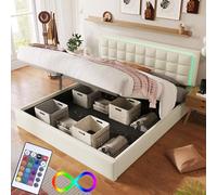 Bgsryao Lit 180x200 avec Sommier et LED, Lit Coffre 180x200 avec Tete de Lit et Espace de Rangement, Lit Double avec à Lattes, Lit 2 Personnes Lit Rembourré Cadre de lit Housse en Cuir synthétique