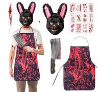 BGTLJKD Masque d'Halloween Horreur Lapin Set, Costume d'Halloween Hommes, Sanglant Lapin, Livré avec un masque de lapin effrayant, un tablier, une machette gonflable et des autocollants