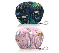 BHAHB 2 Pieces Bonnets de douche, élastiques avec réglables charlotte cheveux,double couche imperméable et réutilisabl,Mignon bonnet de douche femmes (V12-Motif dinosaures licorne)