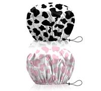 BHAHB 2 Pieces Bonnets de douche, élastiques avec réglables charlotte cheveux,double couche imperméable et réutilisabl,Mignon bonnet de douche femmes (V3-Motif vache léopard)