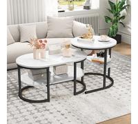 BHFFTHK Lot de 2 tables basses 2 en 1 avec espace de rangement - Table basse moderne ronde et ovale - Aspect marbre - Cadre en métal - Table d'appoint