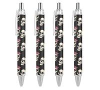 BHHJKK Lot de 4 stylos à bille rétractables motif tête de mort et fleur pour le bureau, l'école